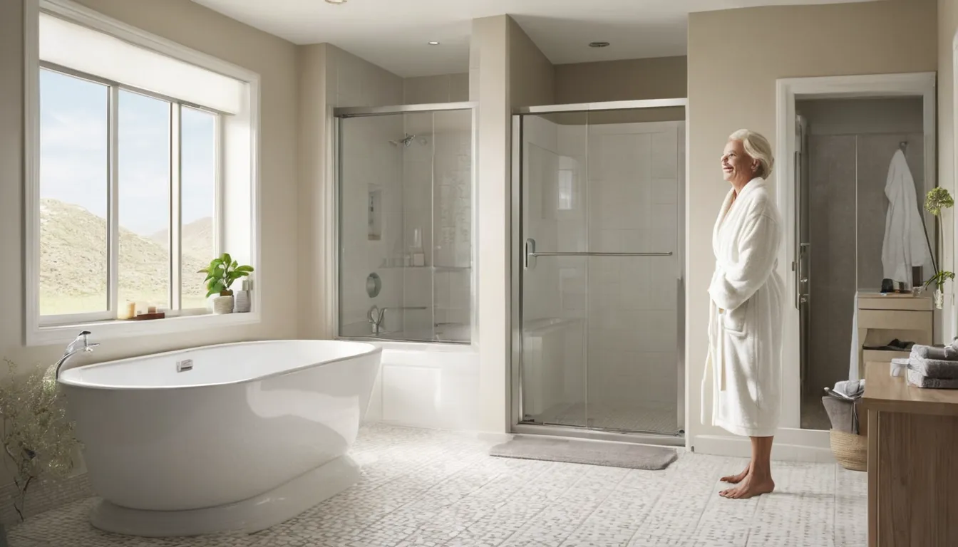 A smiling older homeowner seated beside a walk-in tub in a bright bathroom in the Campton Hills area